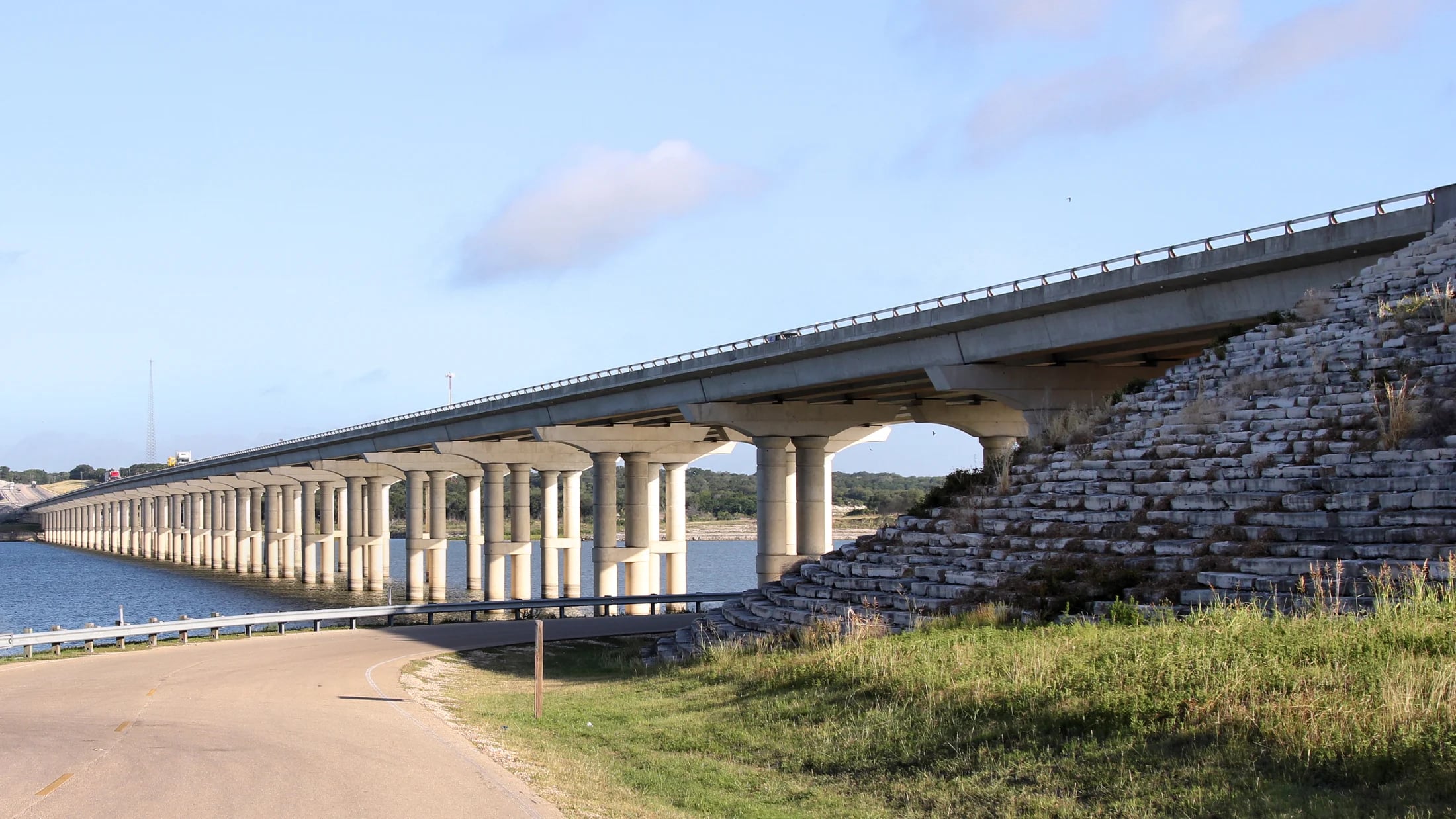 The Texas State Highway 36 bridge crossing Belton Lake beside its limestone shoreline in Bell County
